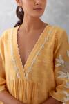 Devnaagri_Peach Chanderi And Organza Embroidered Thread & Ikat Print Kurta Set _at_Aza_Fashions