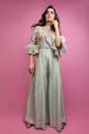 Buy_Suruchi Parakh_Green Tussar Silk Lining Shantoon Mirror Work, Bead, Bugle Floral Jumpsuit _at_Aza_Fashions