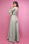 Shop_Suruchi Parakh_Green Tussar Silk Lining Shantoon Mirror Work, Bead, Bugle Floral Jumpsuit _at_Aza_Fashions