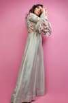 Suruchi Parakh_Green Tussar Silk Lining Shantoon Mirror Work, Bead, Bugle Floral Jumpsuit _Online_at_Aza_Fashions