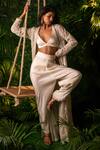 Pallavi Poddar_Ivory Satin Lycra And Net Embroidery Sequin V Floral Jacket & Wide Leg Pant Set _Online_at_Aza_Fashions