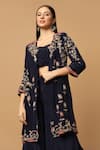 Two Sisters By Gyans_Blue Crepe Embroidery Sweetheart Neck Floral Cape And Draped Skirt Set _at_Aza_Fashions