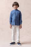 Thetaa_Blue Linen, Silk Band Collar Shirt _Online_at_Aza_Fashions
