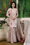 Buy_Abbaran_Pink Cotton Cambric Dupatta Mulmul V Neck Block Print Kurta Gharara Set _Online_at_Aza_Fashions