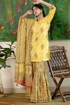 Buy_Abbaran_Yellow Cotton Cambric Dupatta Mulmul V Neck Block Print Kurta Gharara Set _at_Aza_Fashions
