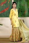 Abbaran_Yellow Cotton Cambric Dupatta Mulmul V Neck Block Print Kurta Gharara Set _Online_at_Aza_Fashions