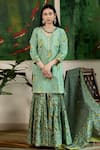 Buy_Abbaran_Green Cotton Cambric Dupatta Mulmul Embroidery V Block Print Kurta Gharara Set _Online_at_Aza_Fashions