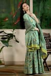 Abbaran_Green Cotton Cambric Dupatta Mulmul Embroidery V Block Print Kurta Gharara Set _Online_at_Aza_Fashions