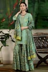 Buy_Abbaran_Green Cotton Cambric Dupatta Mulmul Embroidery V Block Print Kurta Gharara Set _at_Aza_Fashions