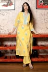 Buy_Abbaran_Yellow Cambric Dupatta Hand Block Print Kurta Set _Online_at_Aza_Fashions