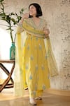 Buy_Abbaran_Yellow Cotton Cambric Dupatta Chiffon Flower Print Scalloped Trim Kurta Set_at_Aza_Fashions