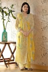 Buy_Abbaran_Yellow Cotton Cambric Dupatta Chiffon Flower Print Scalloped Trim Kurta Set_Online_at_Aza_Fashions