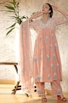 Buy_Abbaran_Pink Cotton Cambric Dupatta Chiffon V Neck Block Print Flared Kurta Set _at_Aza_Fashions