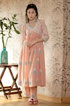 Buy_Abbaran_Pink Cotton Cambric Dupatta Chiffon V Neck Block Print Flared Kurta Set _Online_at_Aza_Fashions