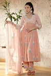 Shop_Abbaran_Pink Cotton Cambric Dupatta Chiffon V Neck Block Print Flared Kurta Set _Online_at_Aza_Fashions
