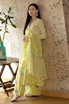 Buy_Abbaran_Yellow Cotton Cambric Dupatta Chiffon Embroidery Floral Block Print Kurta Set _Online_at_Aza_Fashions