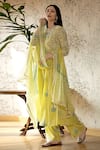 Buy_Abbaran_Yellow Cotton Cambric Dupatta Chiffon Embroidery Floral Block Print Kurta Set _at_Aza_Fashions