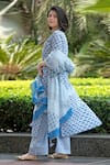 Buy_Abbaran_Blue Cotton Cambric Dupatta Mulmul V Neck Hand Block Print Kurta Set _Online_at_Aza_Fashions
