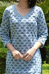 Abbaran_Blue Cotton Cambric Dupatta Mulmul V Neck Hand Block Print Kurta Set _at_Aza_Fashions