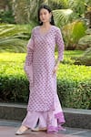 Buy_Abbaran_Purple Cotton Cambric Dupatta Mulmul V Neck Hand Block Print Kurta Set _Online_at_Aza_Fashions