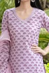 Abbaran_Purple Cotton Cambric Dupatta Mulmul V Neck Hand Block Print Kurta Set _at_Aza_Fashions