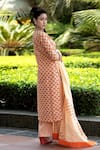 Abbaran_Orange Cotton Cambric Dupatta Mulmul Embroidery V Hand Block Print Kurta Set _Online_at_Aza_Fashions