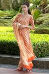 Buy_Abbaran_Orange Cotton Cambric Dupatta Mulmul Embroidery V Hand Block Print Kurta Set _Online_at_Aza_Fashions