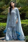 Buy_Abbaran_Blue Cotton Cambric Dupatta Mulmul V Neck Block Print Kurta Gharara Set _at_Aza_Fashions