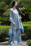 Abbaran_Blue Cotton Cambric Dupatta Mulmul V Neck Block Print Kurta Gharara Set _Online_at_Aza_Fashions