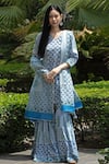 Buy_Abbaran_Blue Cotton Cambric Dupatta Mulmul V Neck Block Print Kurta Gharara Set _Online_at_Aza_Fashions
