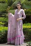 Buy_Abbaran_Purple Cotton Cambric Dupatta Mulmul V Neck Block Print Kurta Gharara Set _at_Aza_Fashions