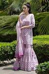 Buy_Abbaran_Purple Cotton Cambric Dupatta Mulmul V Neck Block Print Kurta Gharara Set _Online_at_Aza_Fashions