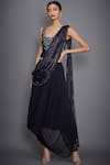 Buy_RI.Ritu Kumar_Blue Satin Chiffon Square Neck Pre-draped Embroidered Saree Set _at_Aza_Fashions