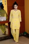 Shop_Abbaran_Yellow Cotton Block Print Kurta And Pant Set_at_Aza_Fashions