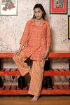 Buy_Abbaran_Peach Cotton Notched Collar Block Print Kurta And Pant Set _at_Aza_Fashions
