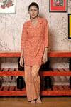 Shop_Abbaran_Peach Cotton Notched Collar Block Print Kurta And Pant Set _at_Aza_Fashions