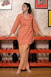 Abbaran_Peach Cotton Notched Collar Block Print Kurta And Pant Set _Online_at_Aza_Fashions