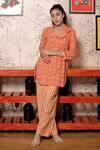Buy_Abbaran_Peach Cotton Notched Collar Block Print Kurta And Pant Set _Online_at_Aza_Fashions