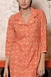Shop_Abbaran_Peach Cotton Notched Collar Block Print Kurta And Pant Set _Online_at_Aza_Fashions