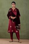 Buy_Abbaran_Maroon Silk Velvet, Mashru Floral Notched Foil Print Kurta Set _at_Aza_Fashions