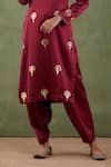 Abbaran_Maroon Silk Velvet, Mashru Floral Notched Foil Print Kurta Set _at_Aza_Fashions