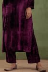 Abbaran_Maroon Silk Velvet Foil Print Floral Notched Kurta Set _at_Aza_Fashions