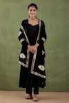 Buy_Abbaran_Black Silk Velvet, Mashru Floral V Neck Anarkali Set _at_Aza_Fashions