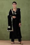 Abbaran_Black Silk Velvet, Mashru Floral V Neck Anarkali Set _Online_at_Aza_Fashions
