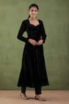 Buy_Abbaran_Black Silk Velvet, Mashru Floral V Neck Anarkali Set _Online_at_Aza_Fashions