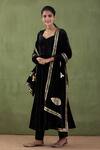 Shop_Abbaran_Black Silk Velvet, Mashru Floral V Neck Anarkali Set _Online_at_Aza_Fashions