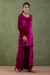 Abbaran_Purple Silk Velvet Leaf Neck Kurta And Sharara Set _Online_at_Aza_Fashions