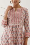 Abbaran_Pink Cotton Cambric Floral Motifs Notched Hand Block Print Kurta Palazzo Set _at_Aza_Fashions