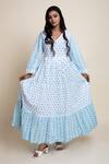 Buy_Abbaran_Blue Cotton Cambric Block Print V Neck Floral Dress _at_Aza_Fashions