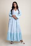 Abbaran_Blue Cotton Cambric Block Print V Neck Floral Dress _Online_at_Aza_Fashions